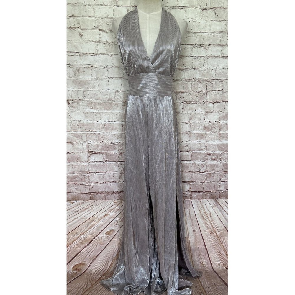 SUGAR + LIPS Shiny Metallic Disco Halter Wide Leg Jumpsuit Micro Pleated Size L